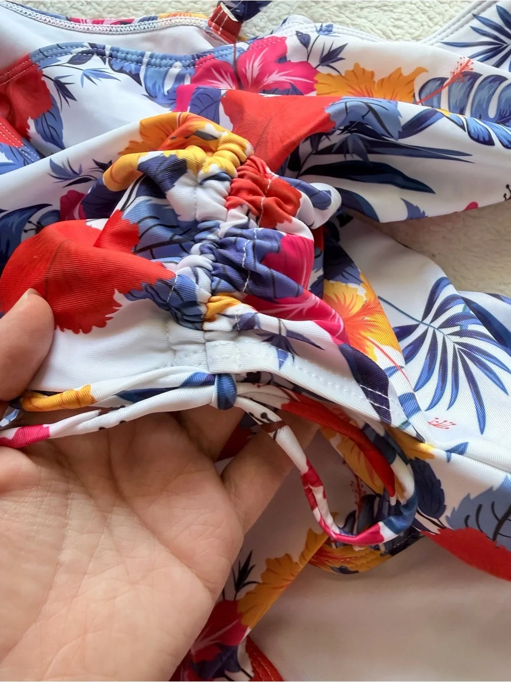 Floral Tropical One-Piece Swimsuit in White with Red & Blue Accents